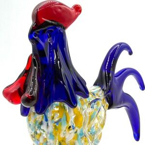 Art Glass Rooster Figurine Cobalt Blue Red Yellow Murano Style Hand Blown 6.75in